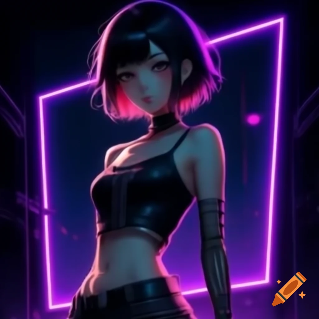 Punk-inspired young woman in dystopic fashion with black hair and lowrise pants
