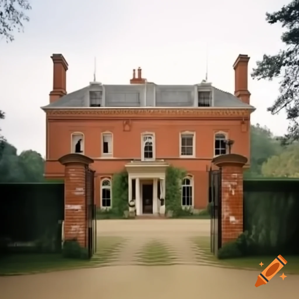 19th century manor with red brick facade and ivy, featuring square pillars at entrance