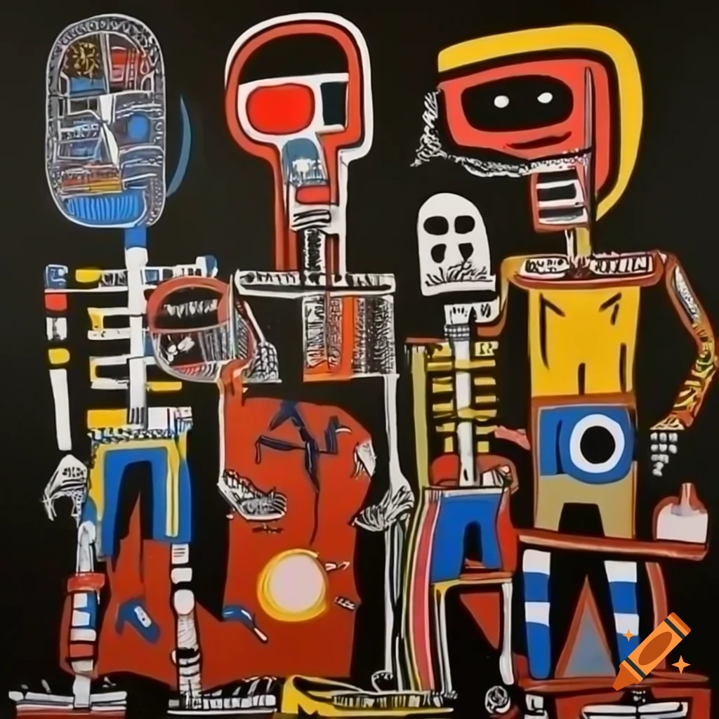 Medieval humanoids in Jean-Michel Basquiat painting style