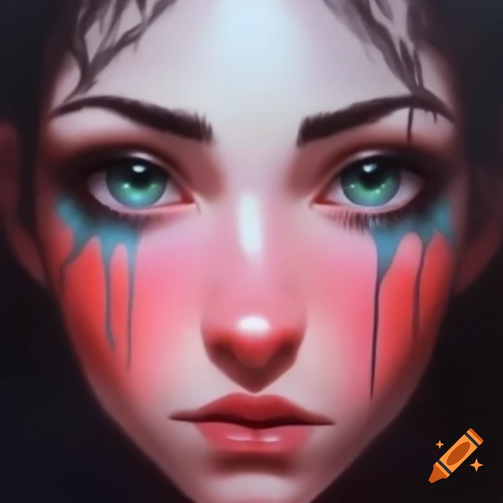 Detailed portrayal of a wise woman with colorful, expressive eyes reflecting trauma