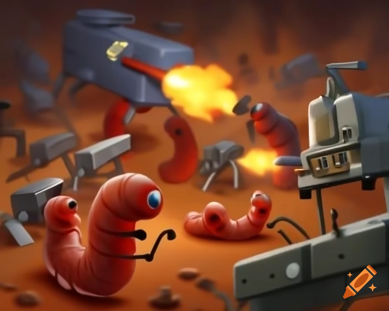Cartoon worms in chaotic battlefield using flamethrowers and rocket launchers