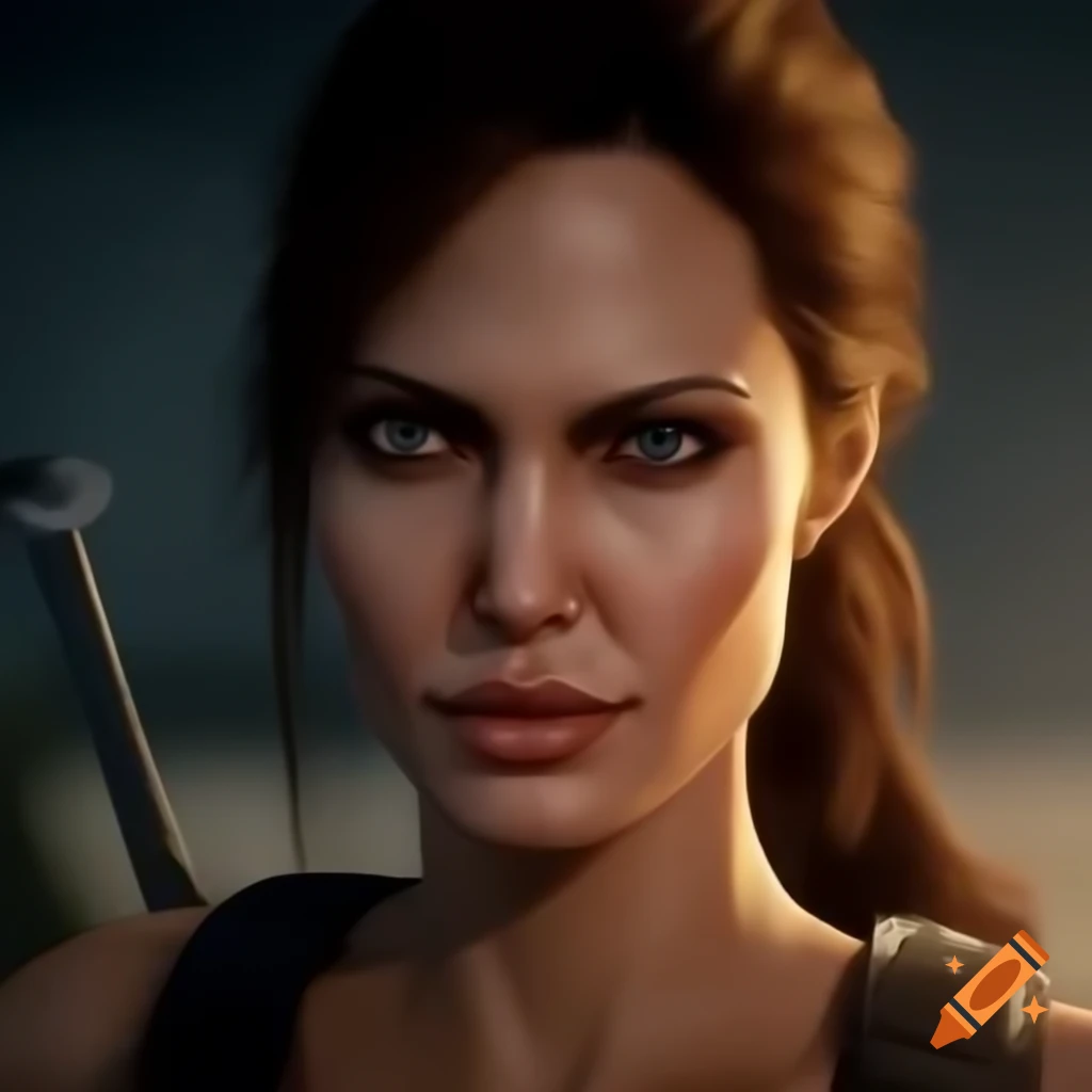 Stunning portrait of Angelina Jolie as Lara Croft, showcasing athletic physique