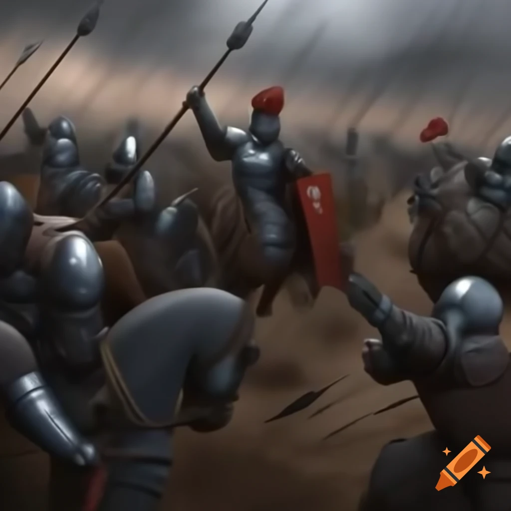 Epic medieval battle scene with knights in armor, horses, and smoke