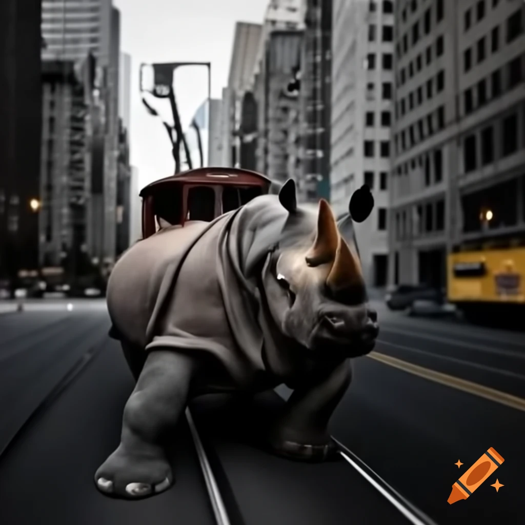 Satirical depiction of rhinoceros trampling a city street resembling Donald Trump
