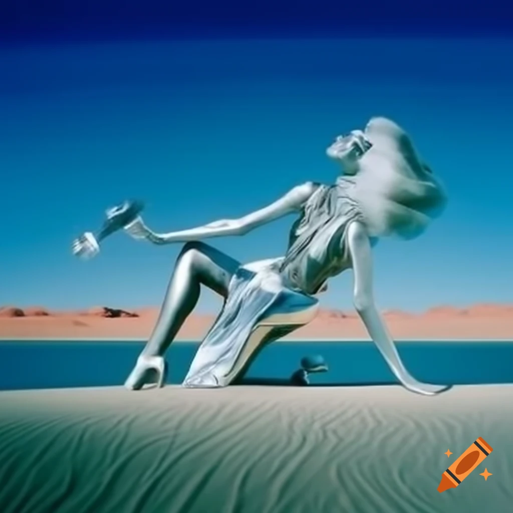 Pop surreal photography of silver statue woman in desert by blue lake, high detail