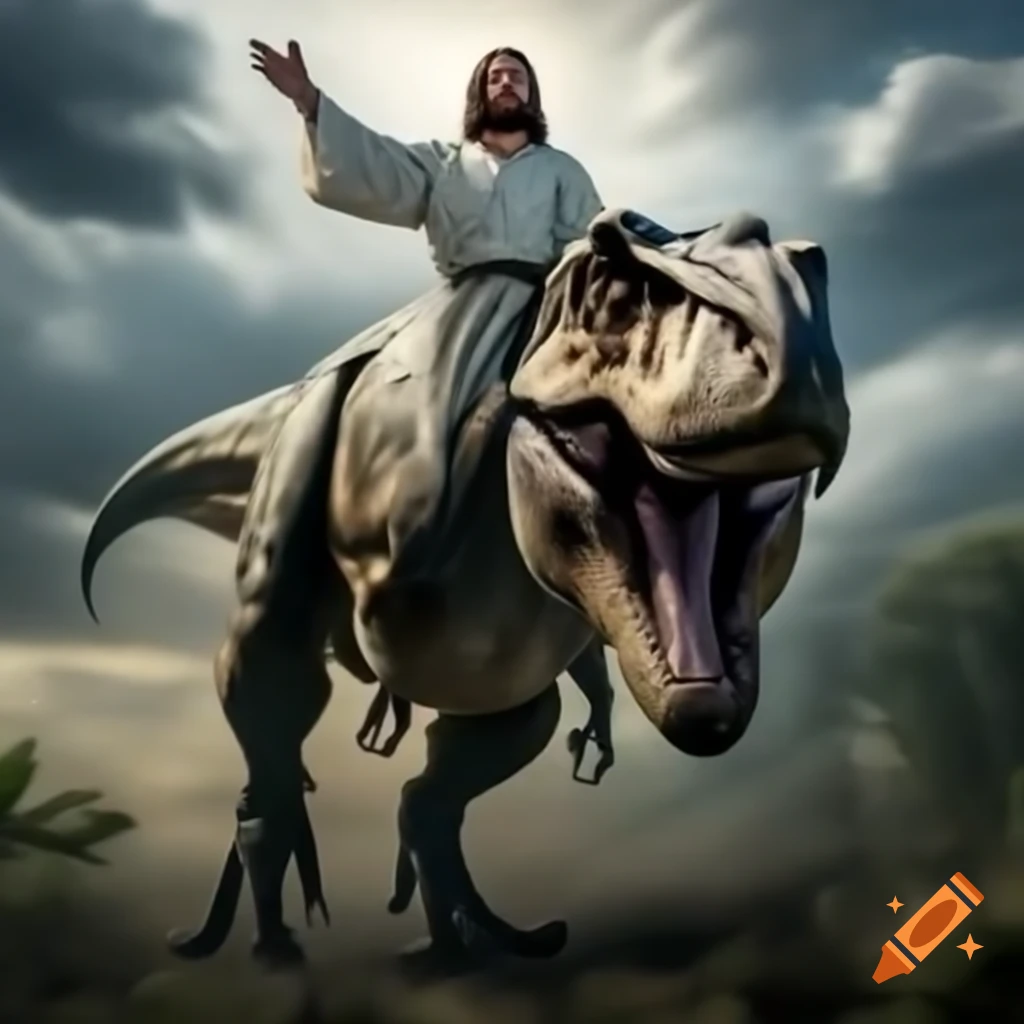 Jesus Christ riding a Tyrannosaurus rex in a surreal scene