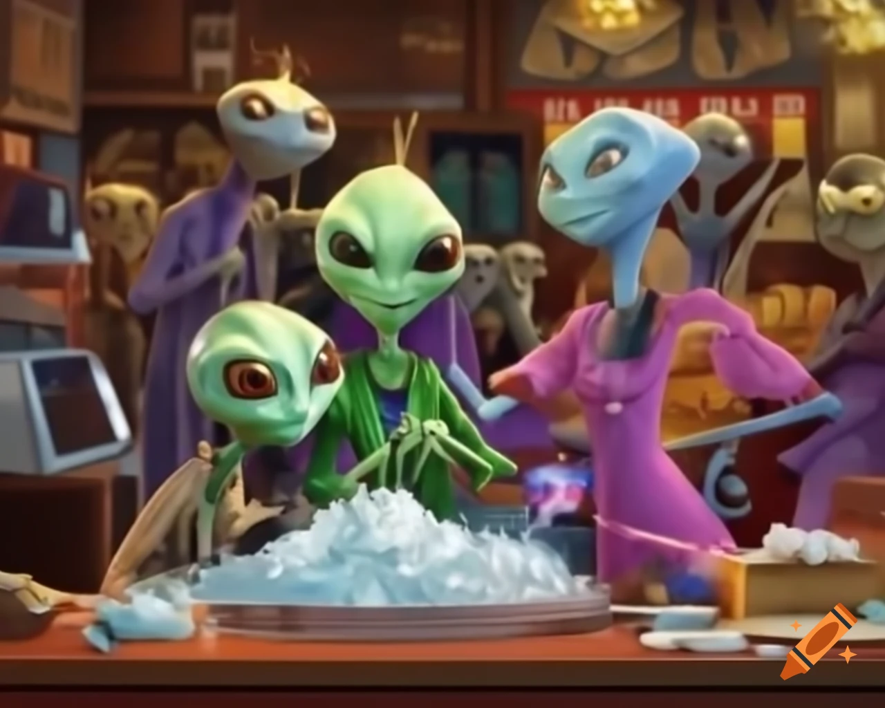 Colorful illustration of aliens buying diamonds in a store