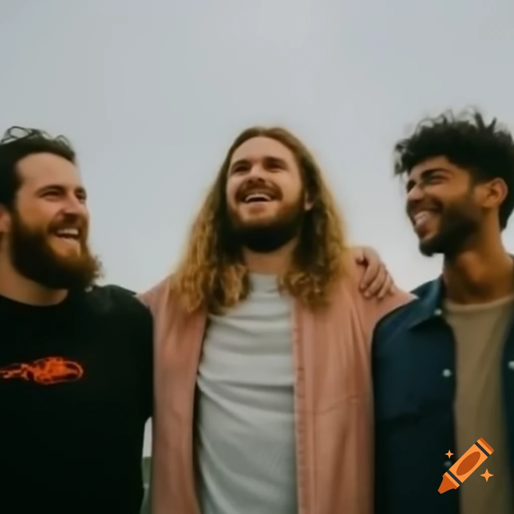 Three friends standing together on top of the mountains