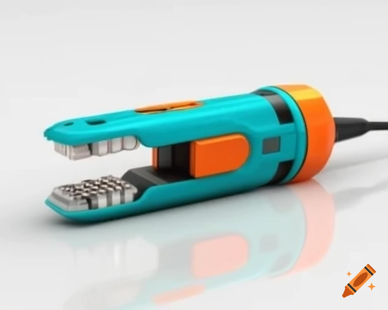 Futuristic handheld tool with orange and cyan accents and extending probes