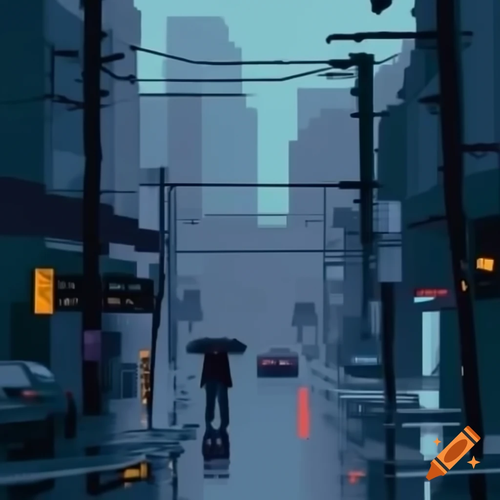Pixel art representation of a grey rainy cityscape
