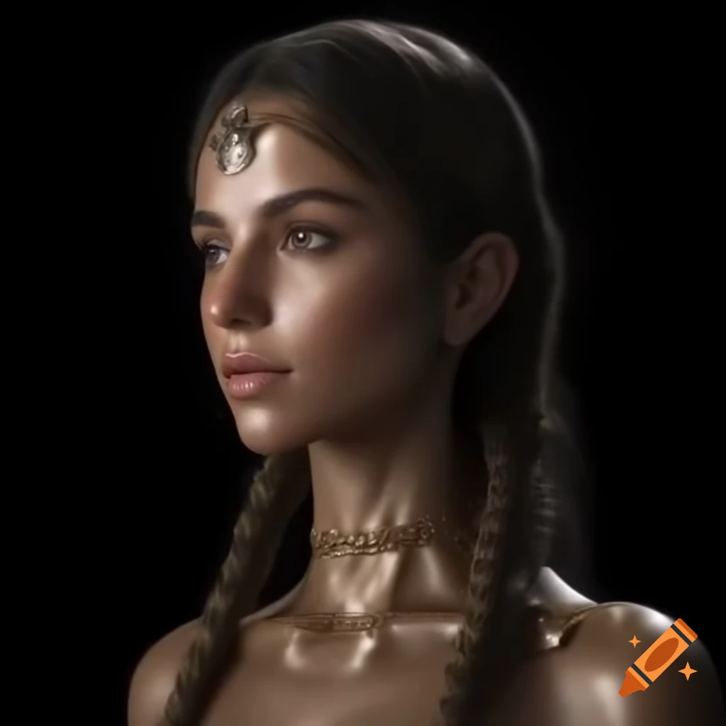 Brunette model styled as 'Virgin of the Sun King' in highly detailed portrait