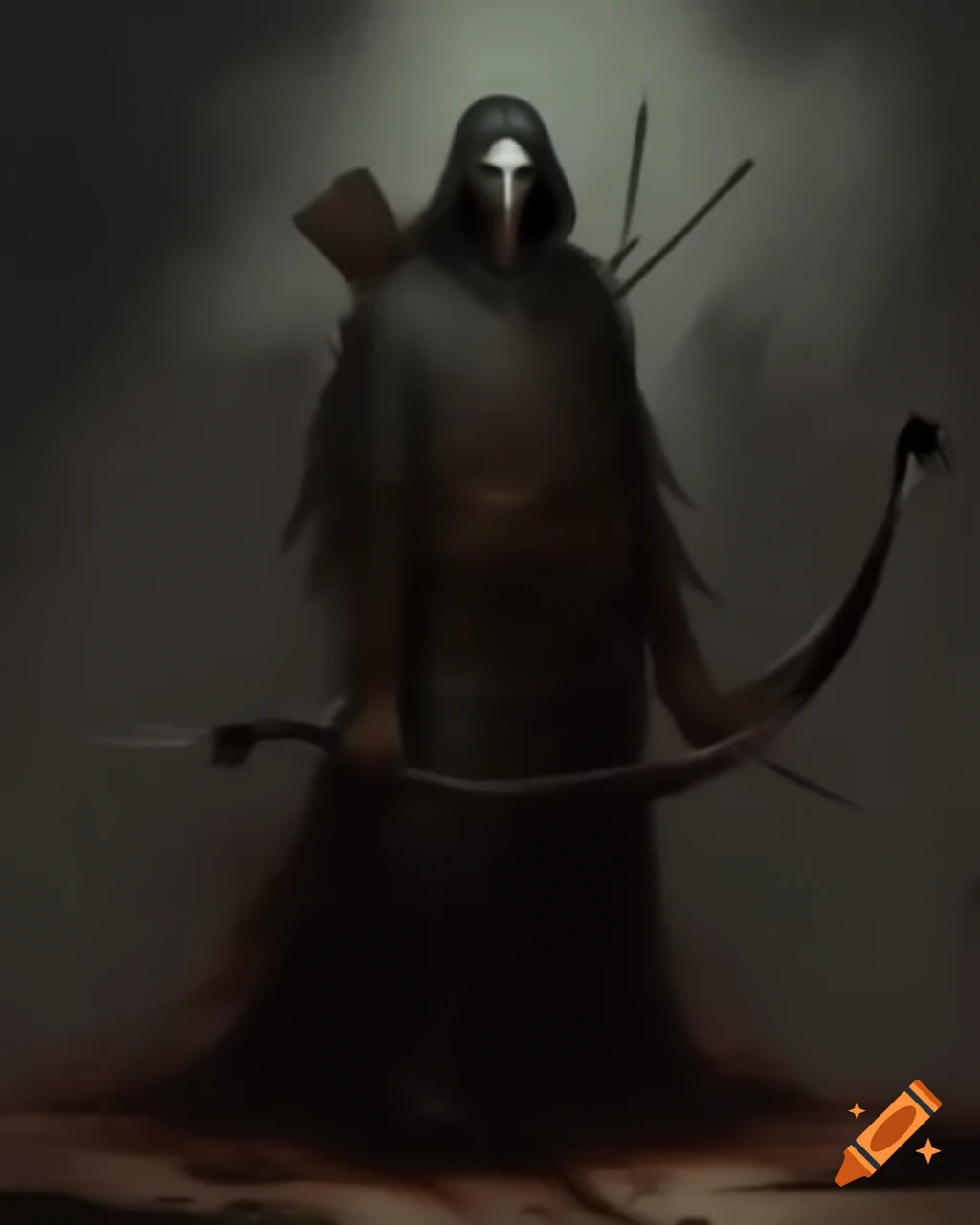 Haunting figure of archer with eyes sewn shut and pale face, wearing tattered dark clothing