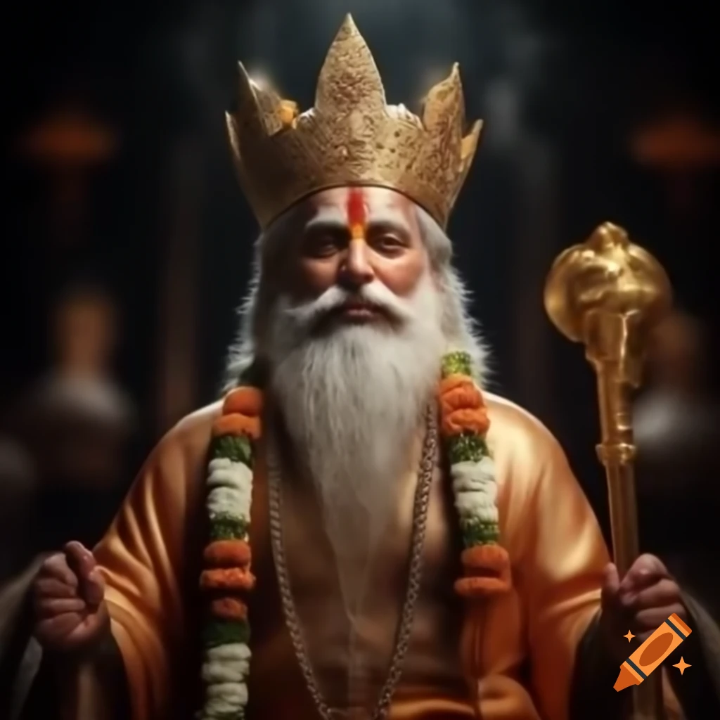 Lord Indra with golden crown and ornaments, Karna bowing with peace