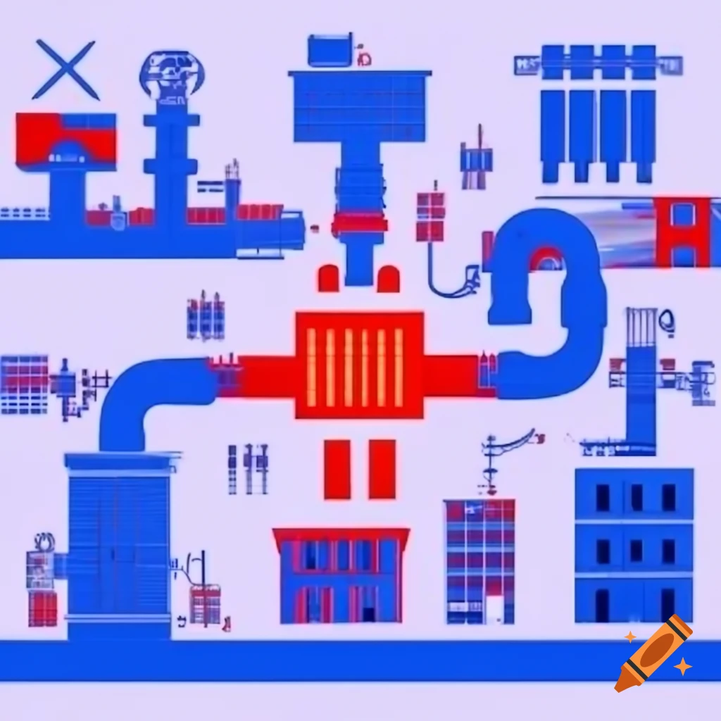 Underground heating pipes connecting buildings, transitioning from fiery red to cool blue