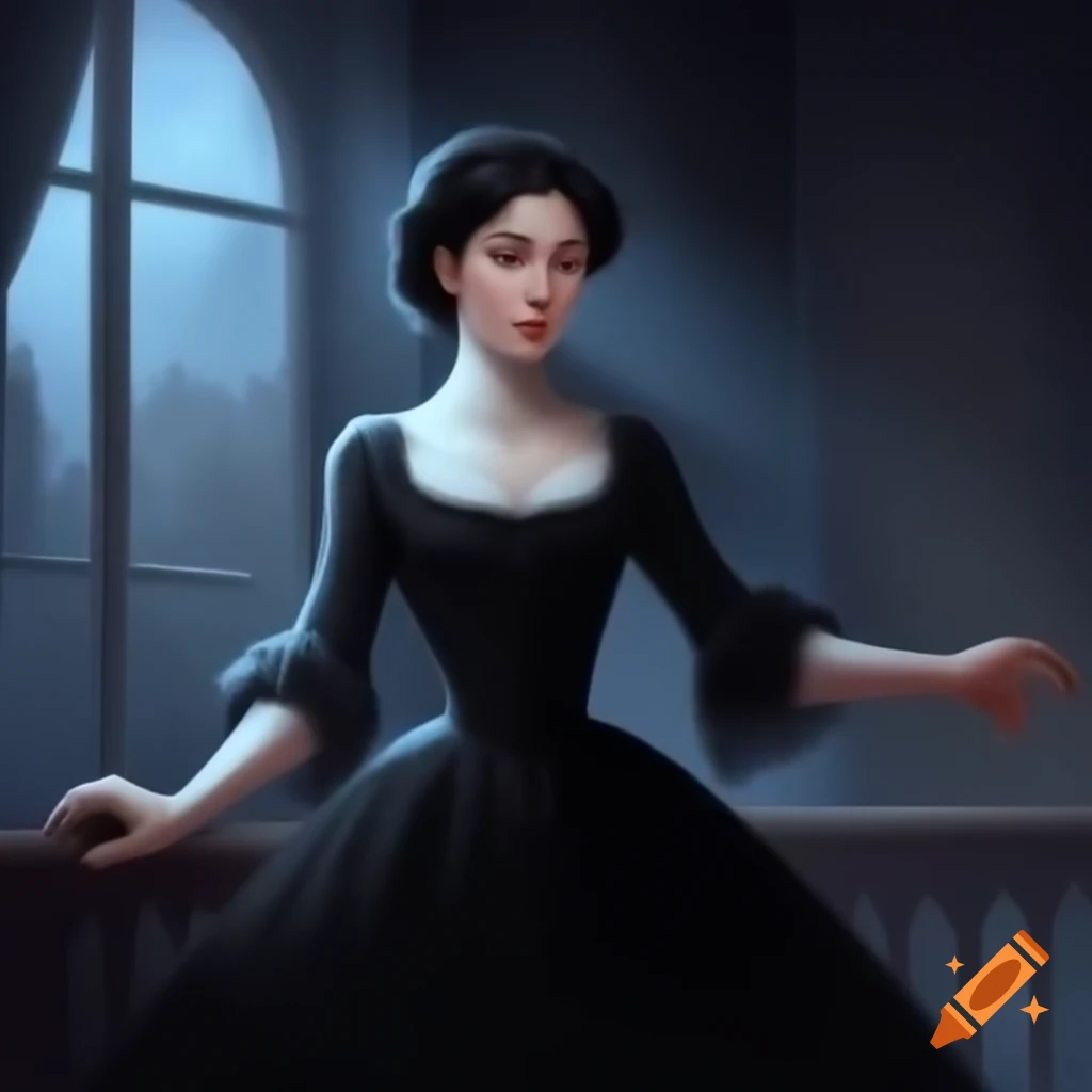 Young woman in 1800s mourning dress standing in ballroom with moonlight