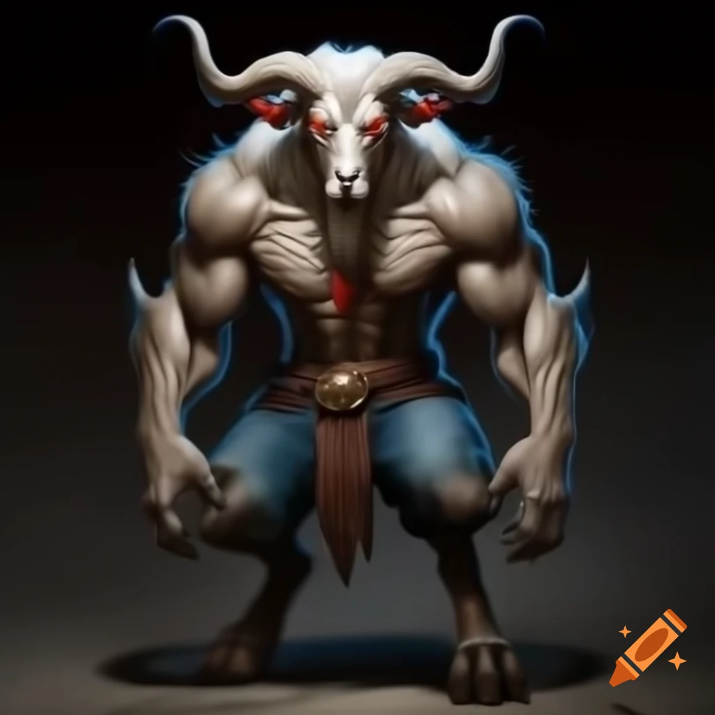 Realistic depiction of a strong goat-headed demon with large horns and muscular legs