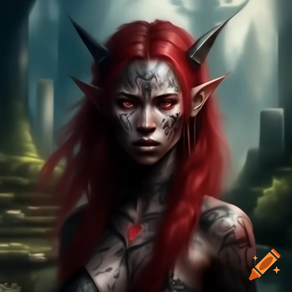 Watercolor painting of elven woman with dark hair and tattoos in forest with ancient temple ruins