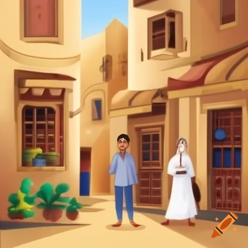 Animated scene depicting a man selling fish in a cart on a Moroccan street with a donkey and a woman, ecological art, orientalism