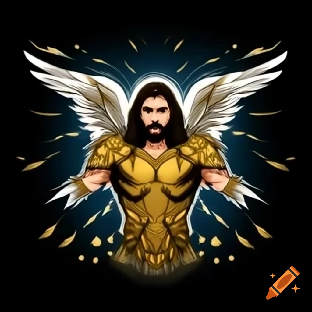 Celestial warrior logo of Jesus in golden armor with angelic wings