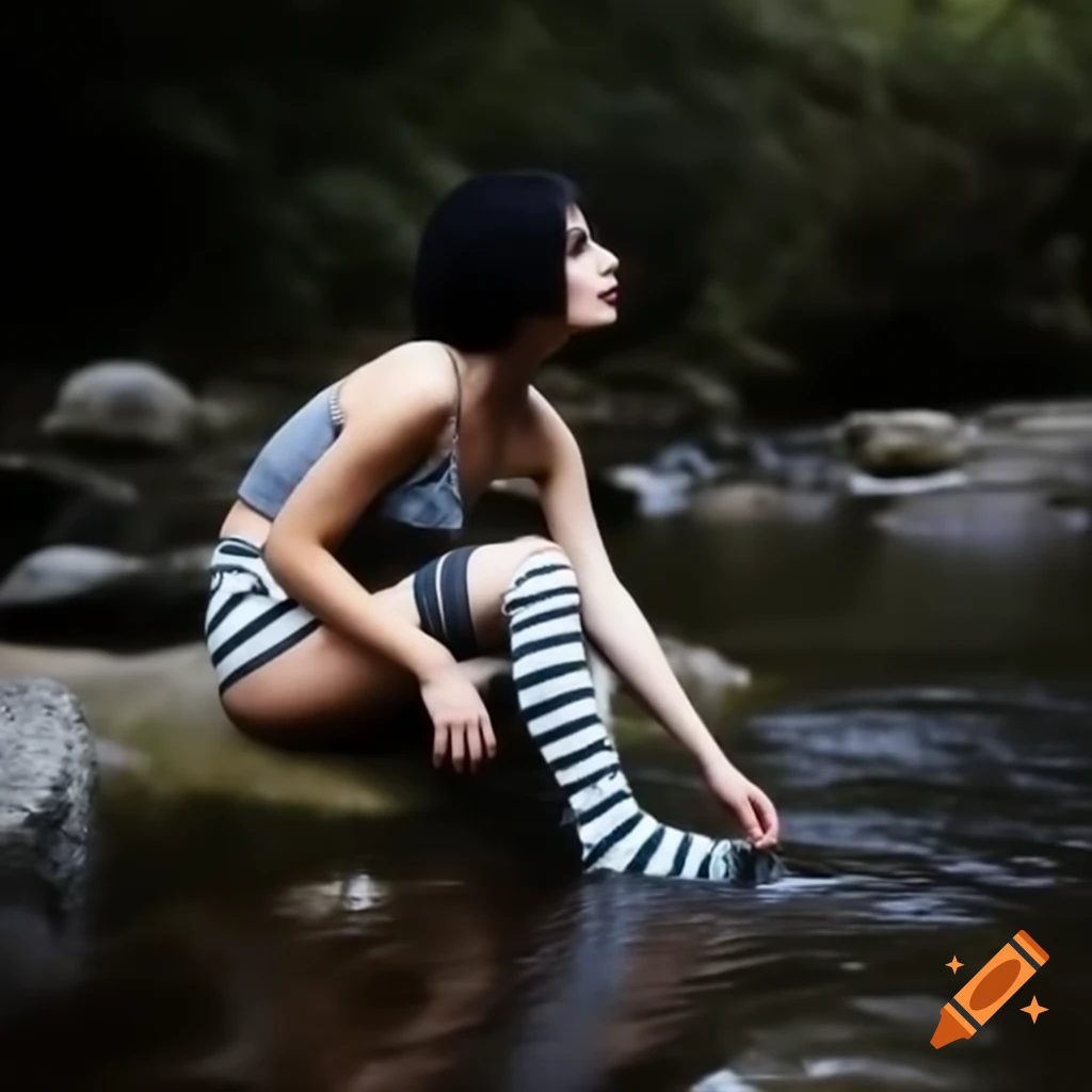 Goth woman sitting on rock in stream with striped mismatched socks dipping toe in water