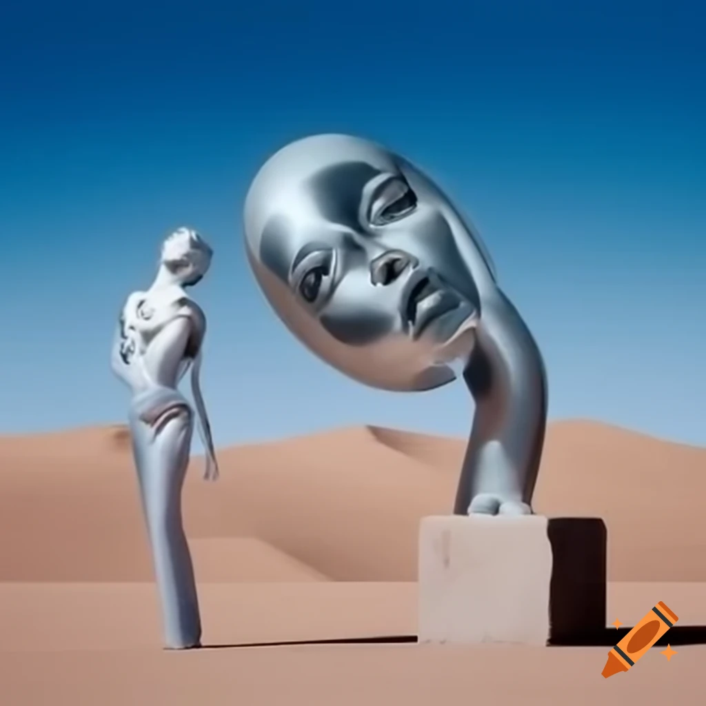 Pop surreal photography of silver statue woman in stone desert