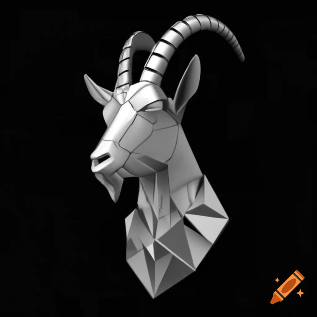 3D polygonal silver metallic goat bust on black background