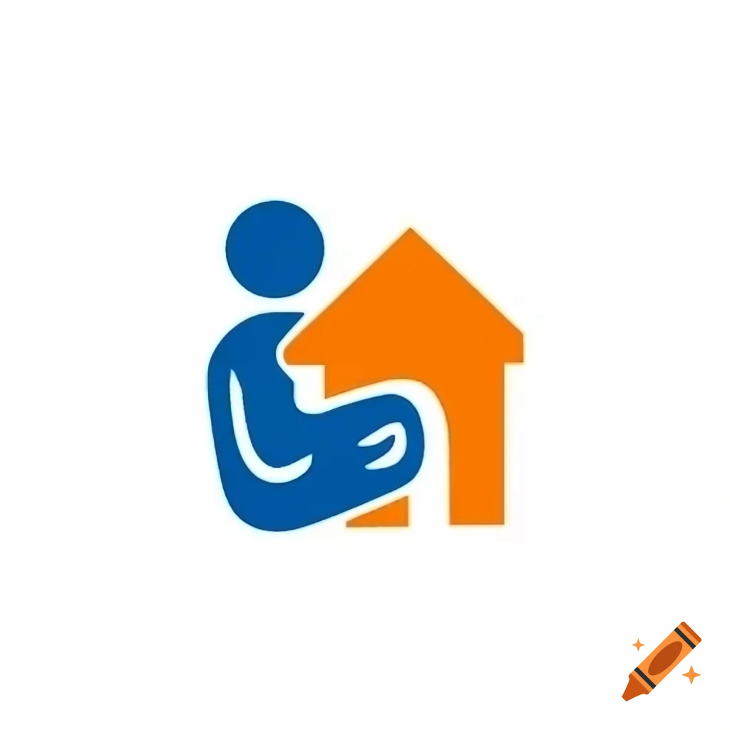 Orange and blue logo of person sheltered by house