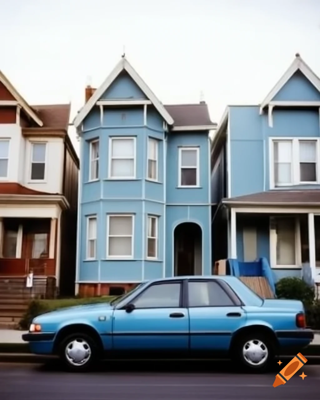 1990s neighborhood with light blue houses and vintage cars