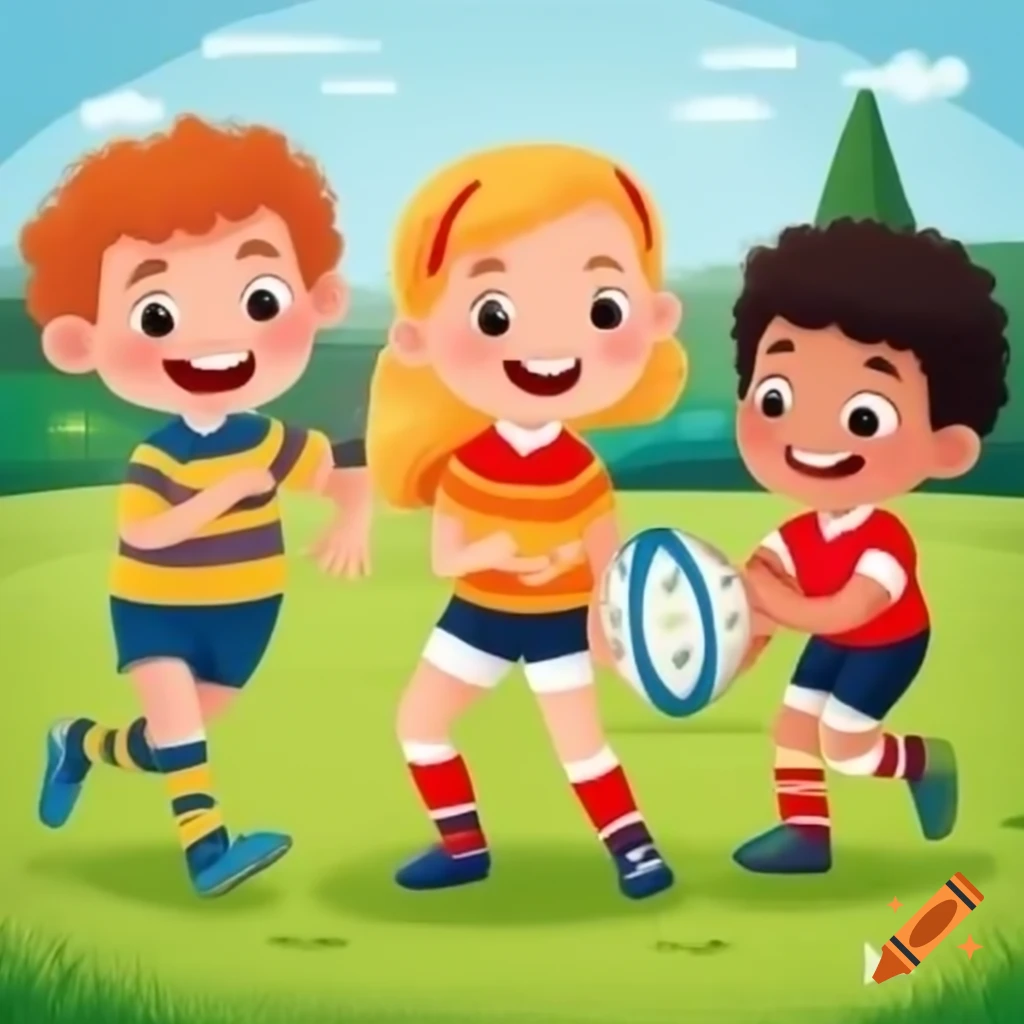 Three kids playing rugby
