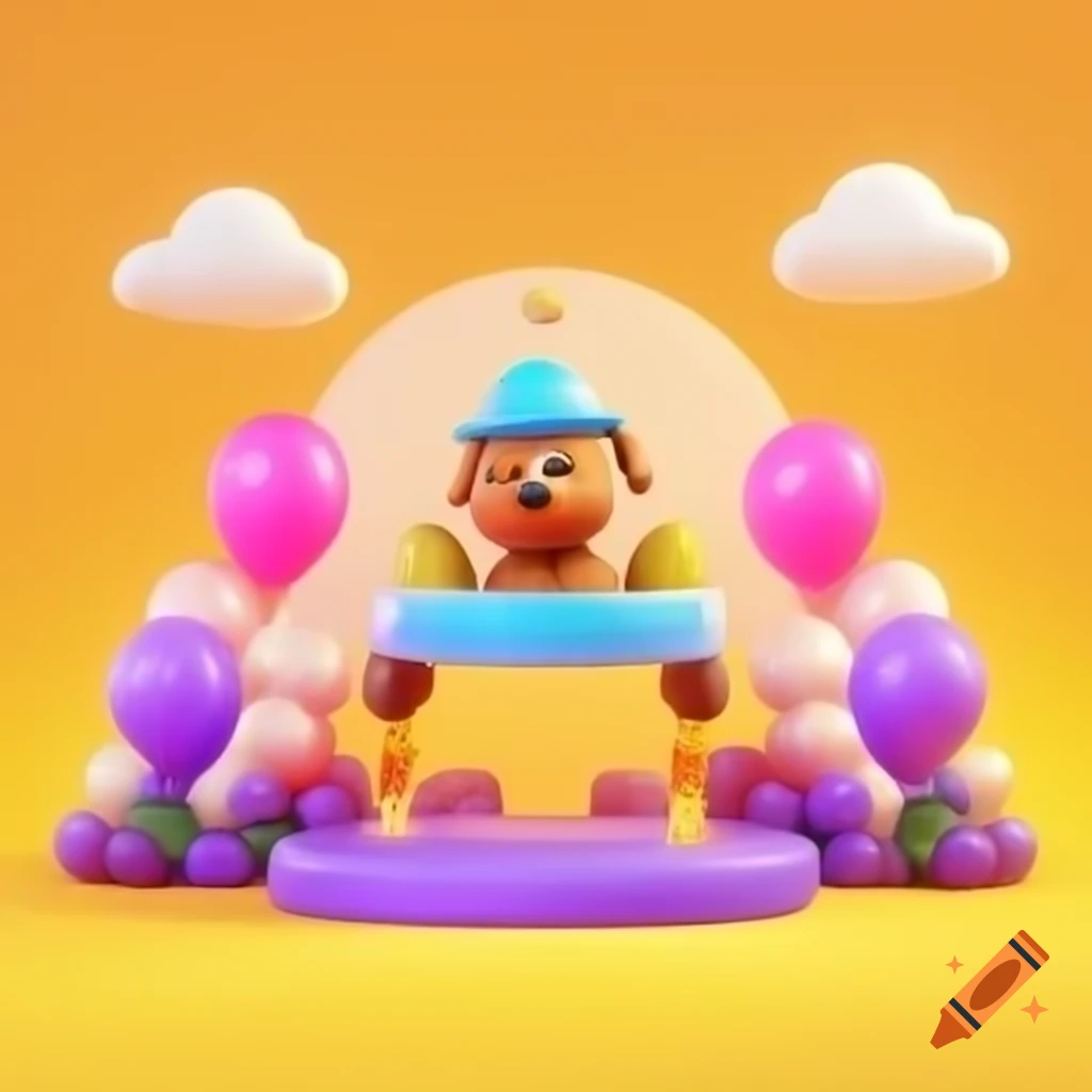 3D Pixar-style dog at a birthday party