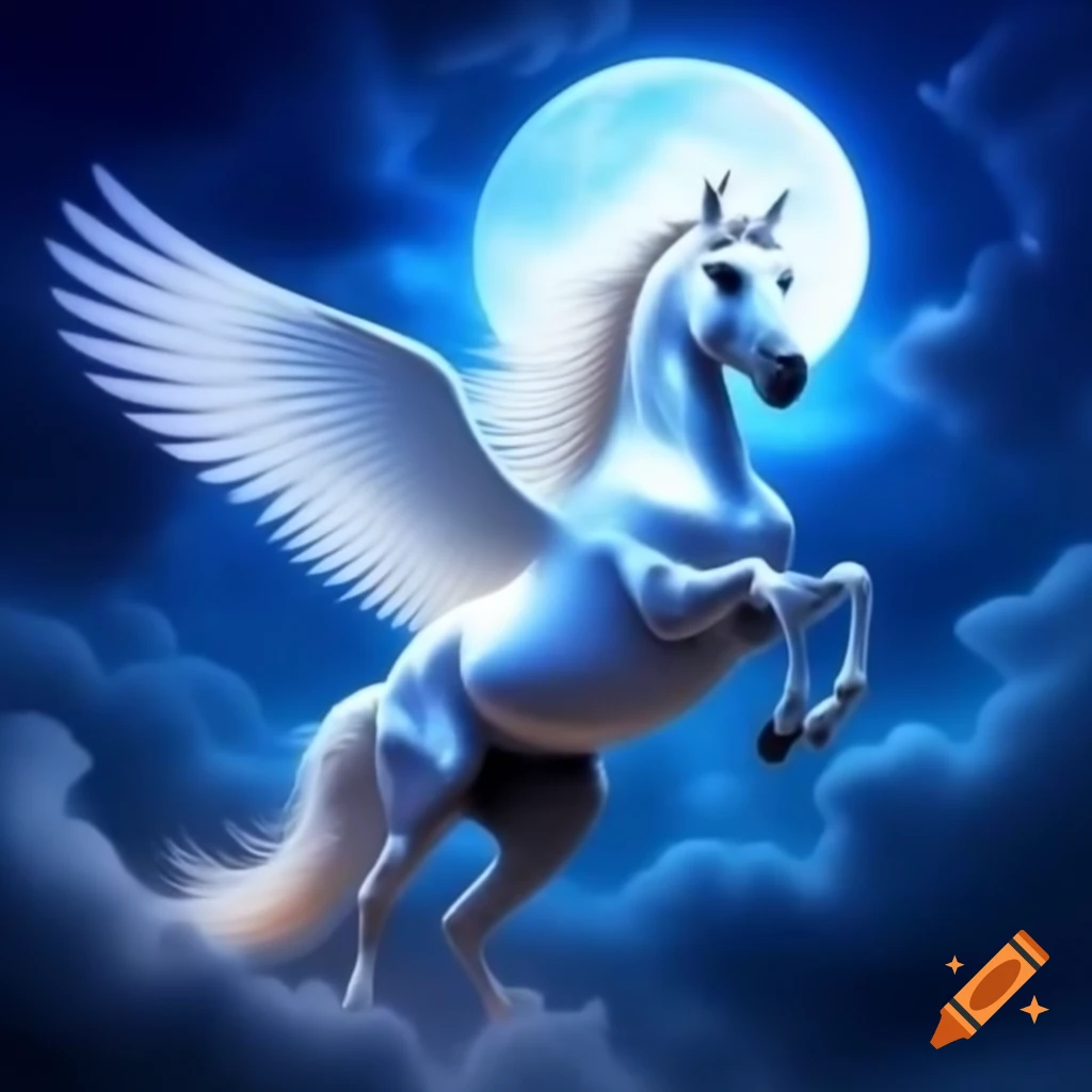 White horse soaring in moonlit sky with wings, enchanting blue hues