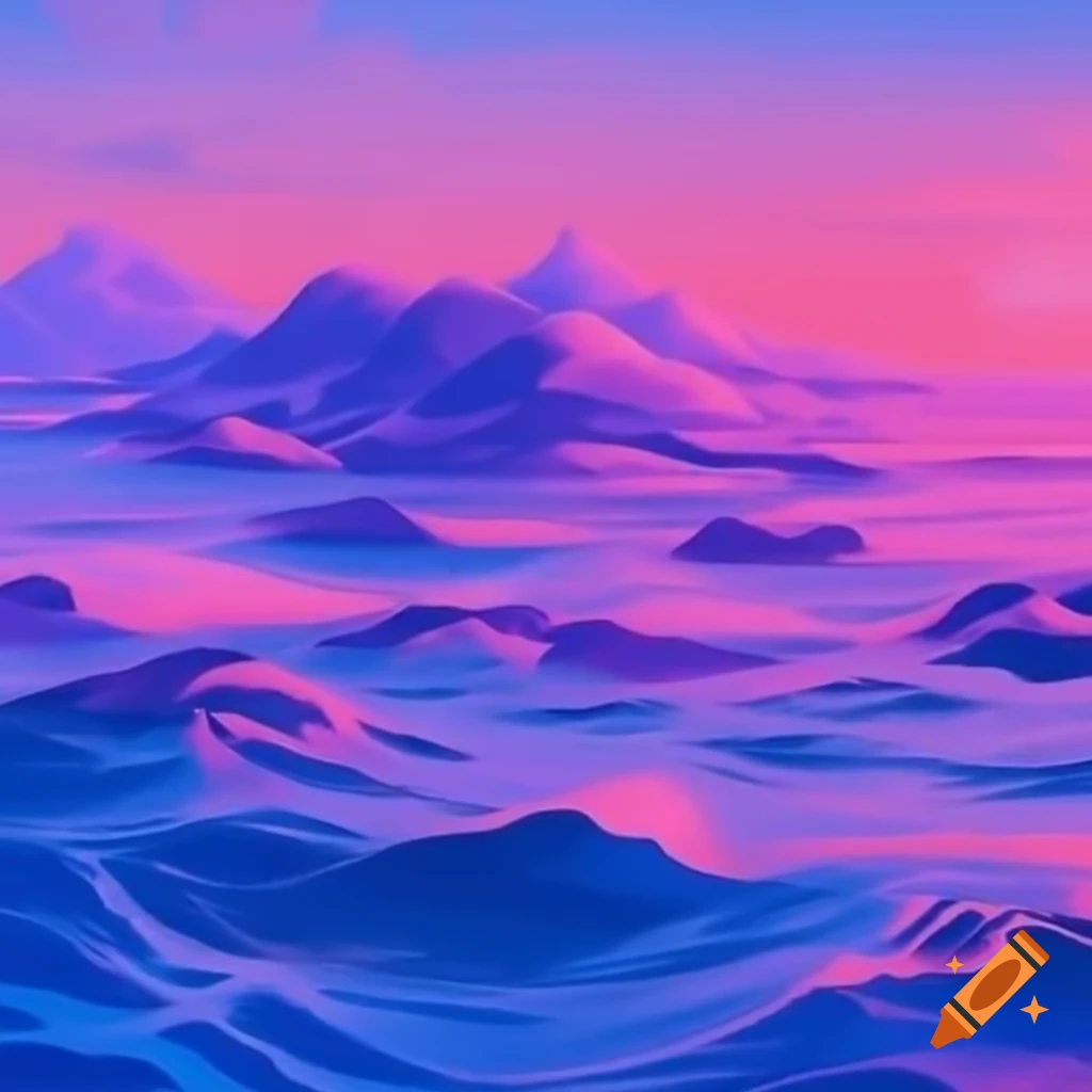 Aesthetic purple sunset on beach with blue and yellow elements on craiyon