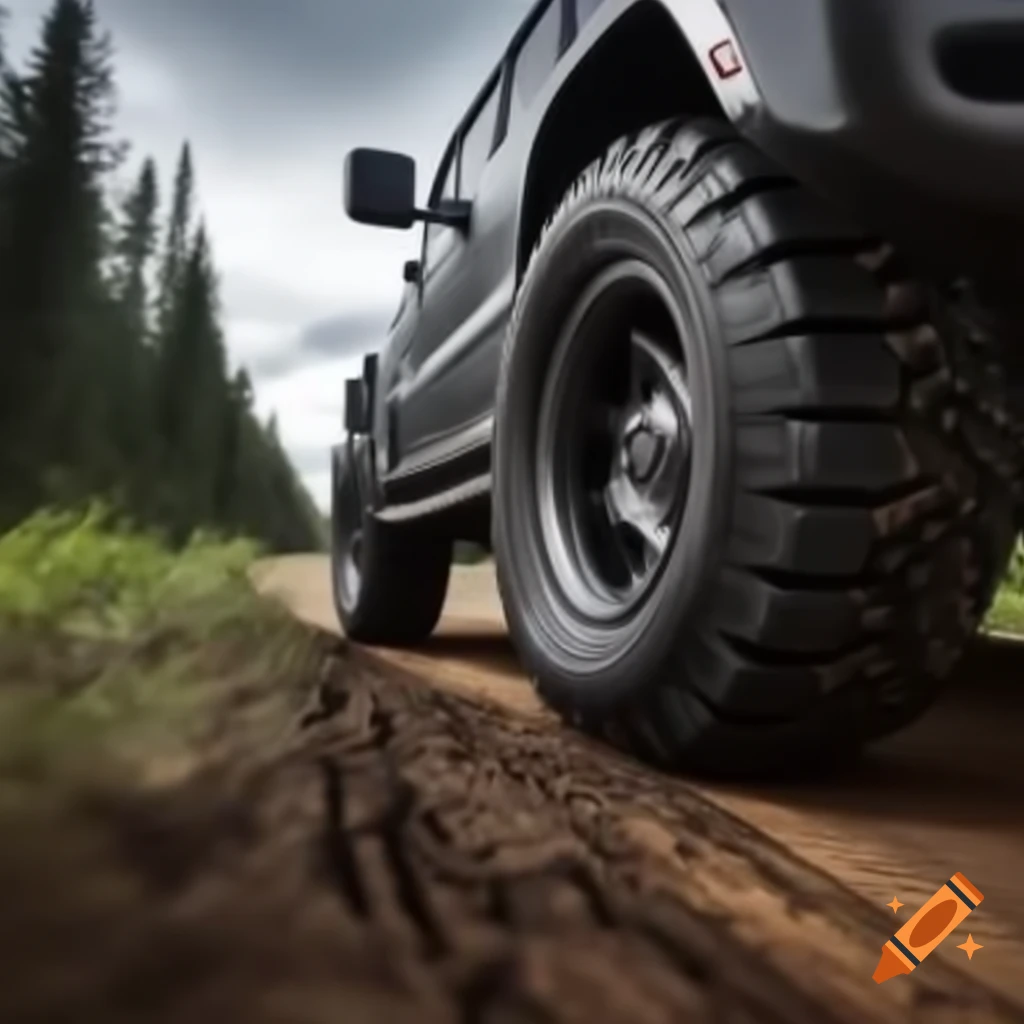 Tires driving on a bumpy stump road