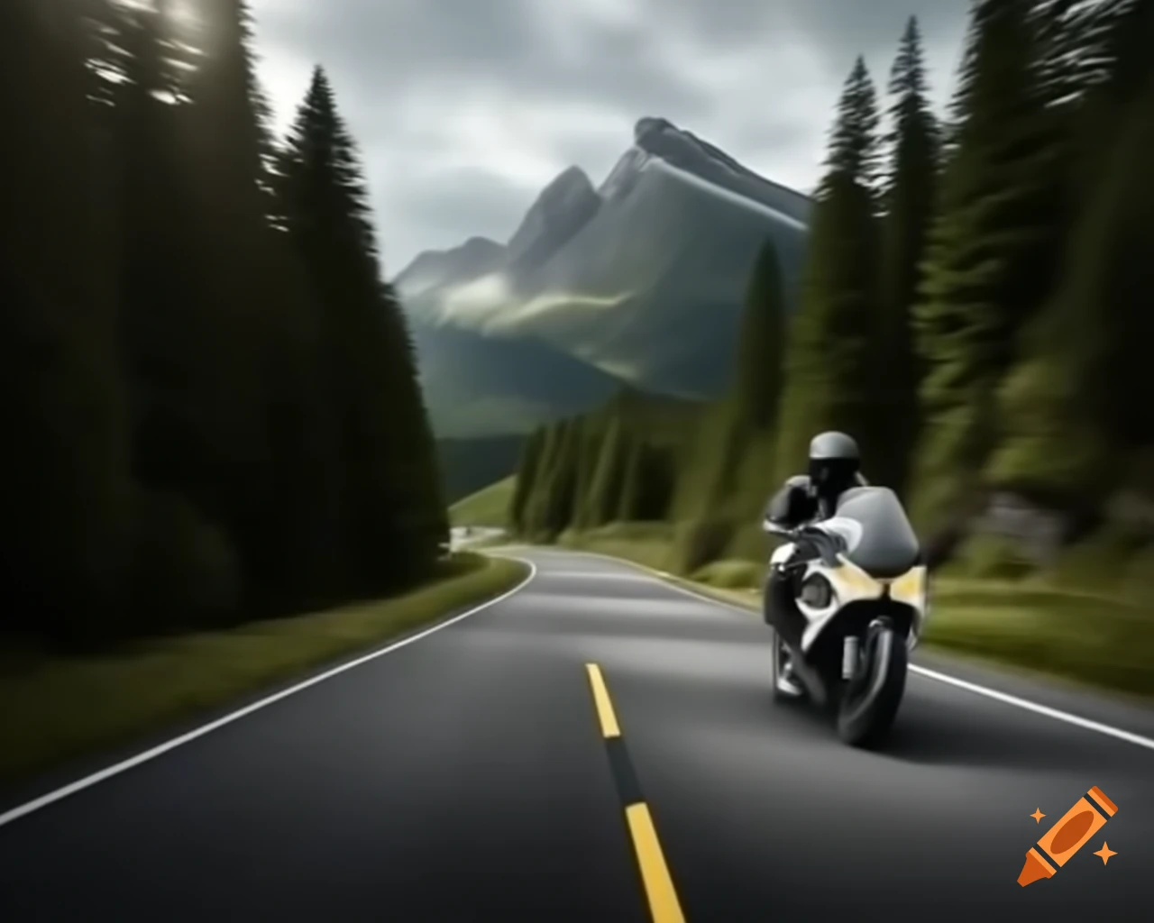 Cruiser motorbike and sports car racing through mountain valley