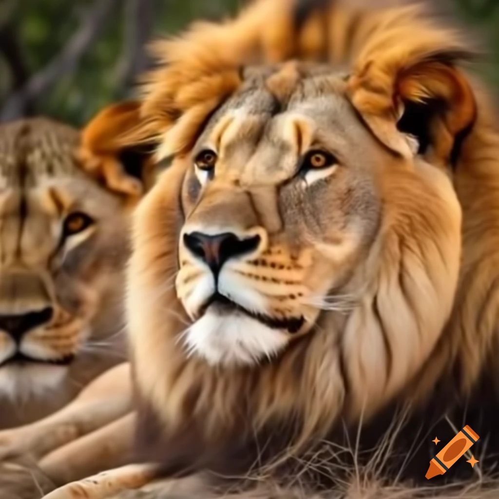 Lion looking up with lioness in the background
