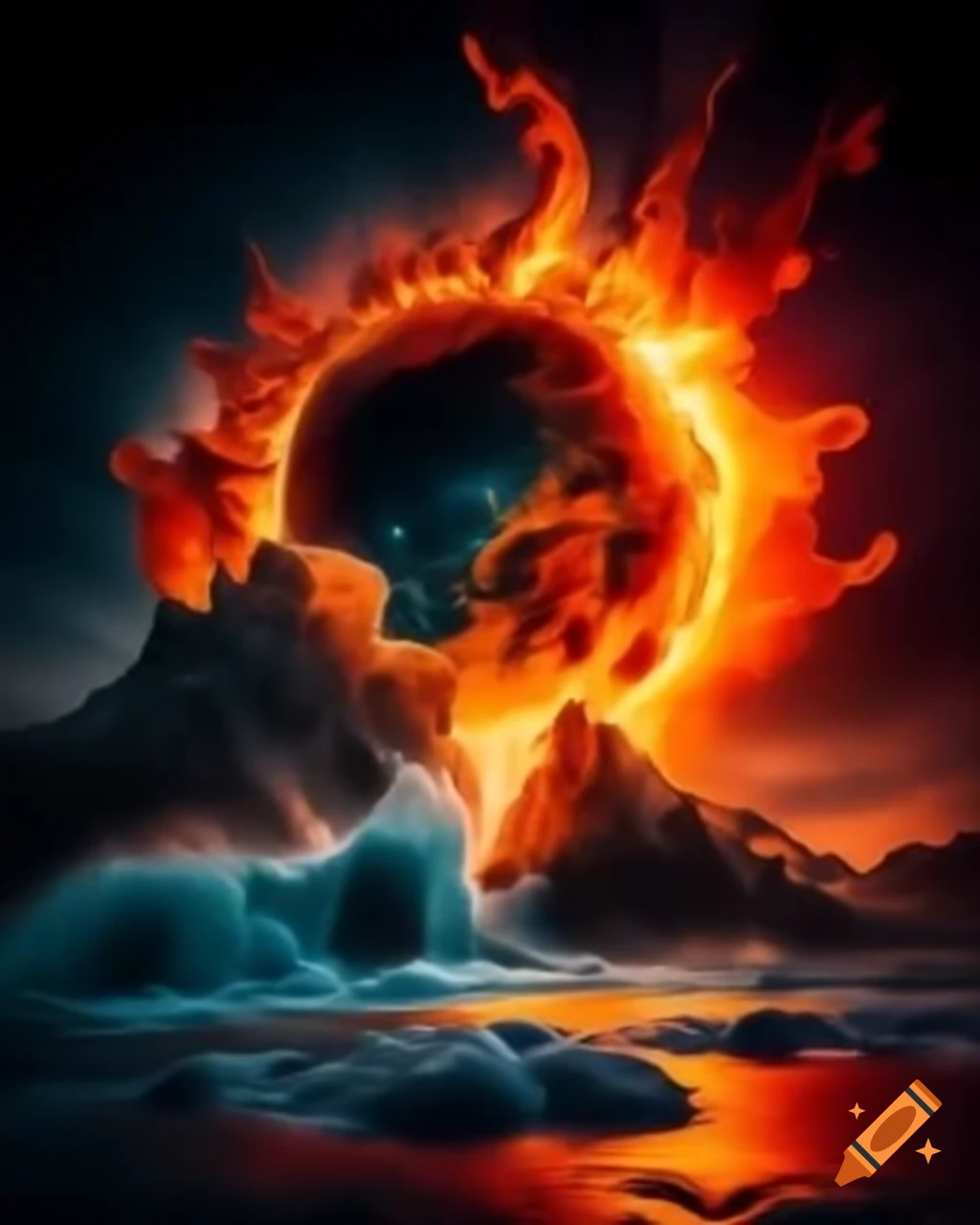 Contemporary neo-hyperrealist artwork with fiery orange and vibrant blue hues