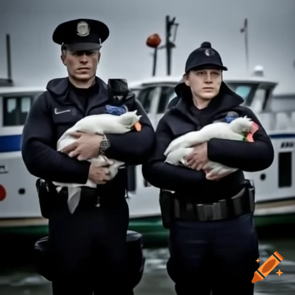 Two policemen holding frozen chickens and baby formulas on a ferry
