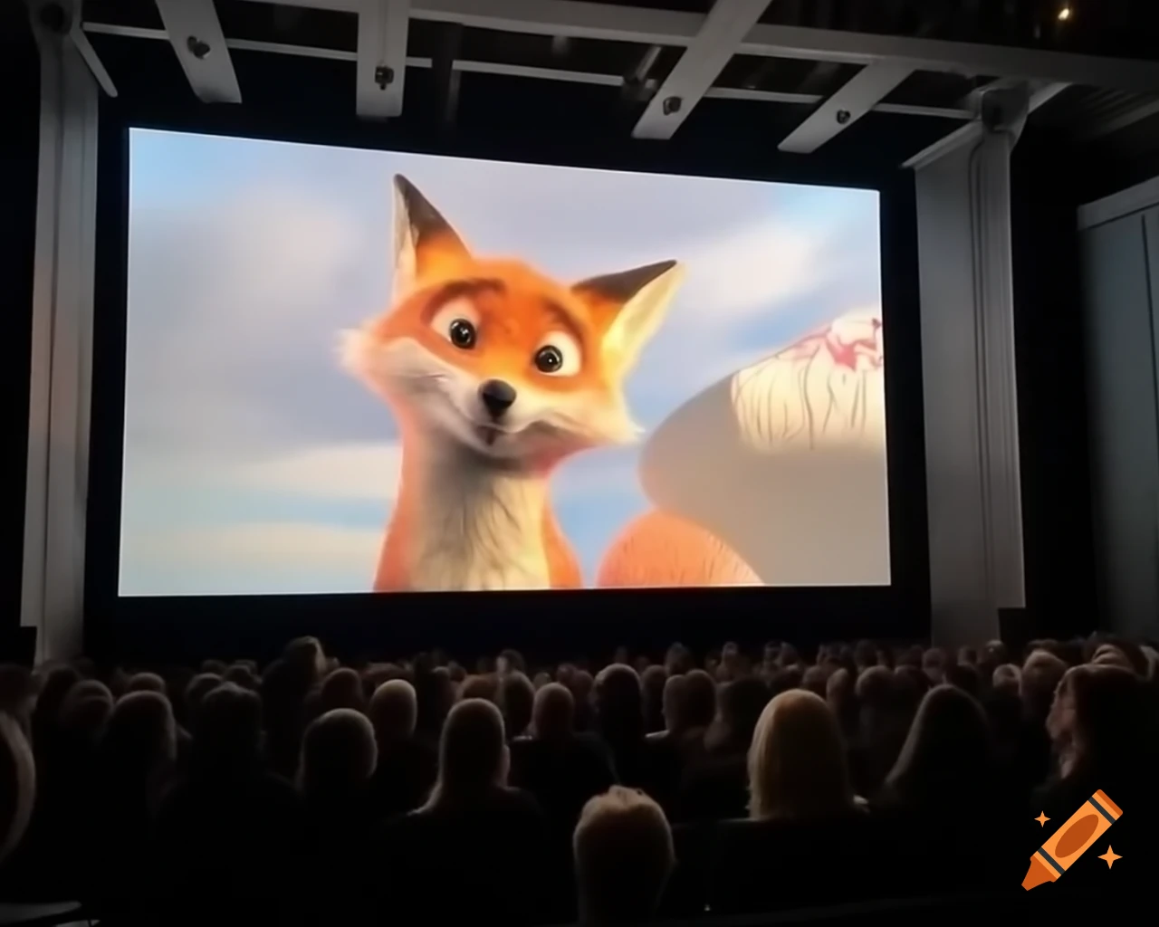 Disney Pixar style 3D fox movie scene with audience watching