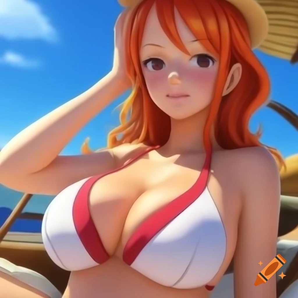 Nami from One Piece enjoying a sunny day in a stylish swimsuit