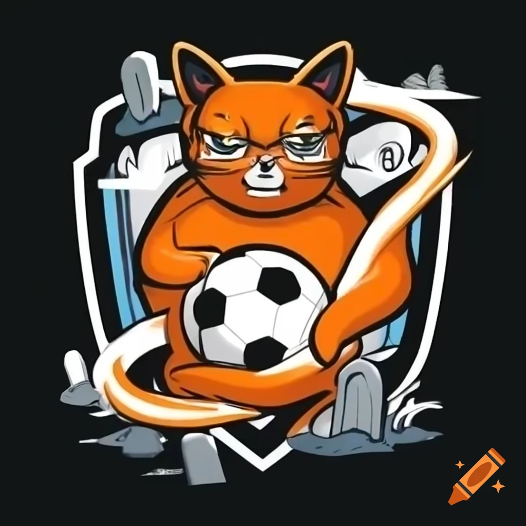 Vector logo of orange cat holding soccer ball with graveyard background