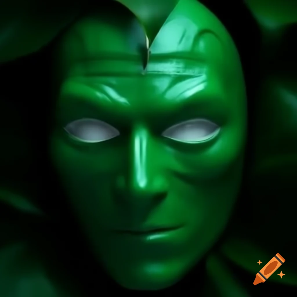 Luminescent green extraterrestrial mask evoking uncertainty and apprehension