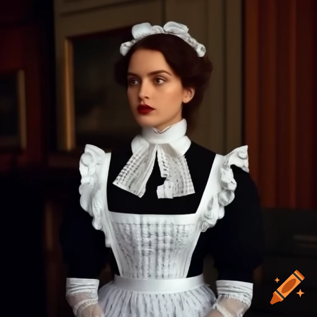 Woman in frilly Victorian maid uniform with ruffles and lace