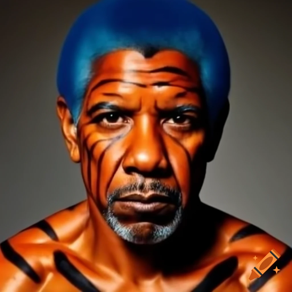 Muscular figure resembling Denzel Washington with tiger makeup and colorful features