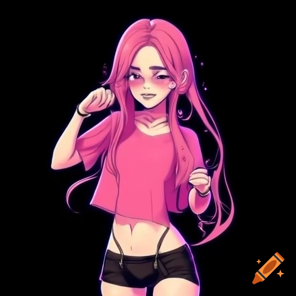 Cyberpunk anime girl with long pink hair in pink t-shirt and black shorts
