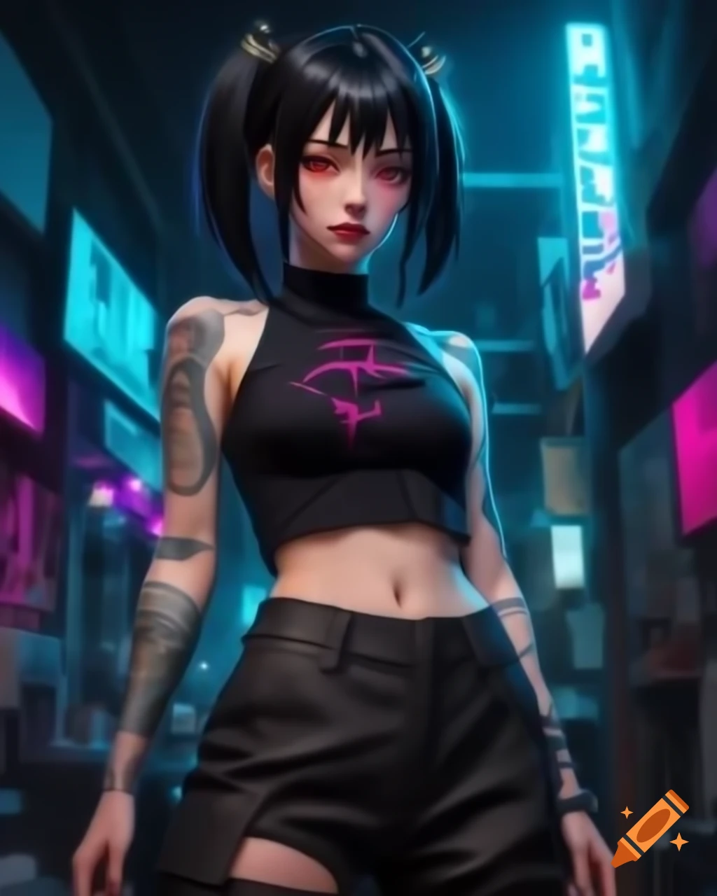 Punk-inspired young woman in dystopic fashion with black hair and crop top