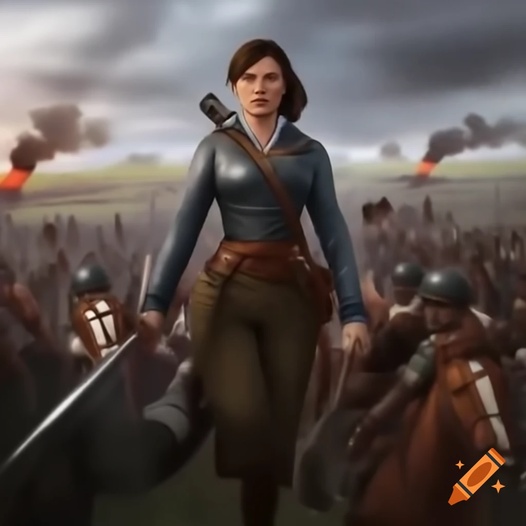 Brunette character in war game with tanks and missiles