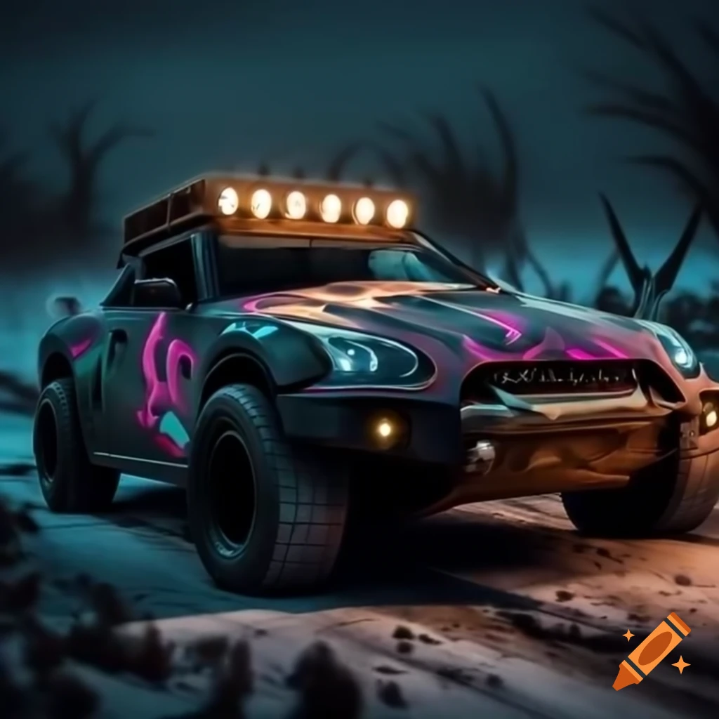 Off-road black Nissan GTR R35 with graffiti and large wheels in post-apocalyptic setting