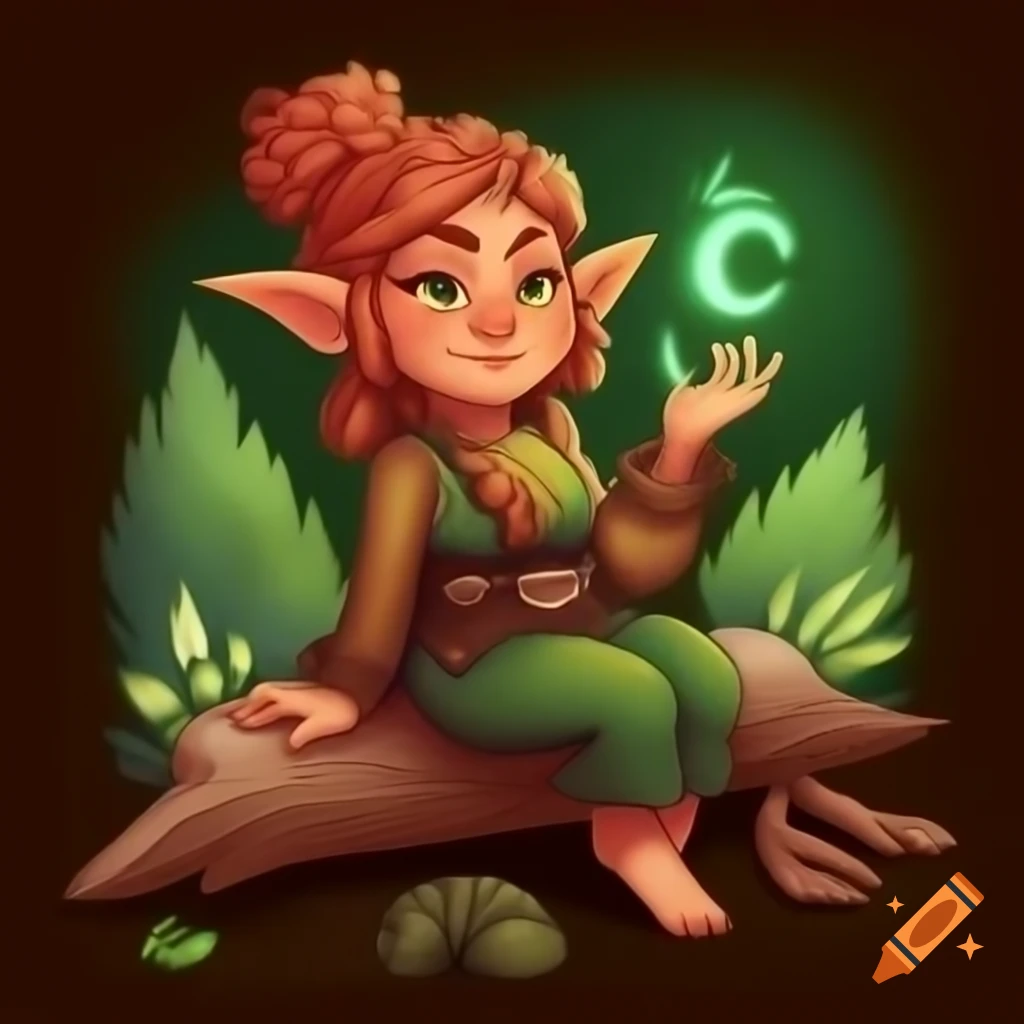 Female forest gnome druid portrait with auburn hair and green eyes sitting on log