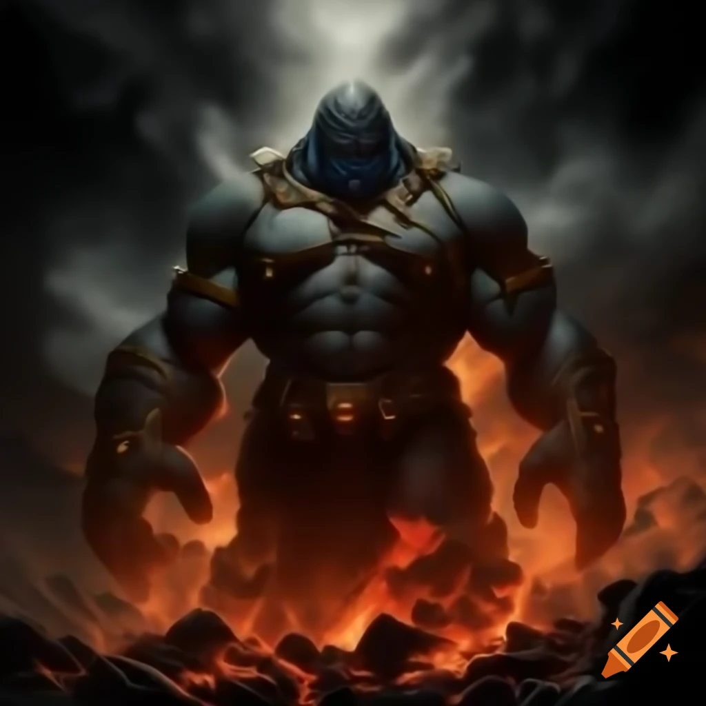 Kronos chained in Tartarus, made of lava stone and shadows, depicting a terrifying figure