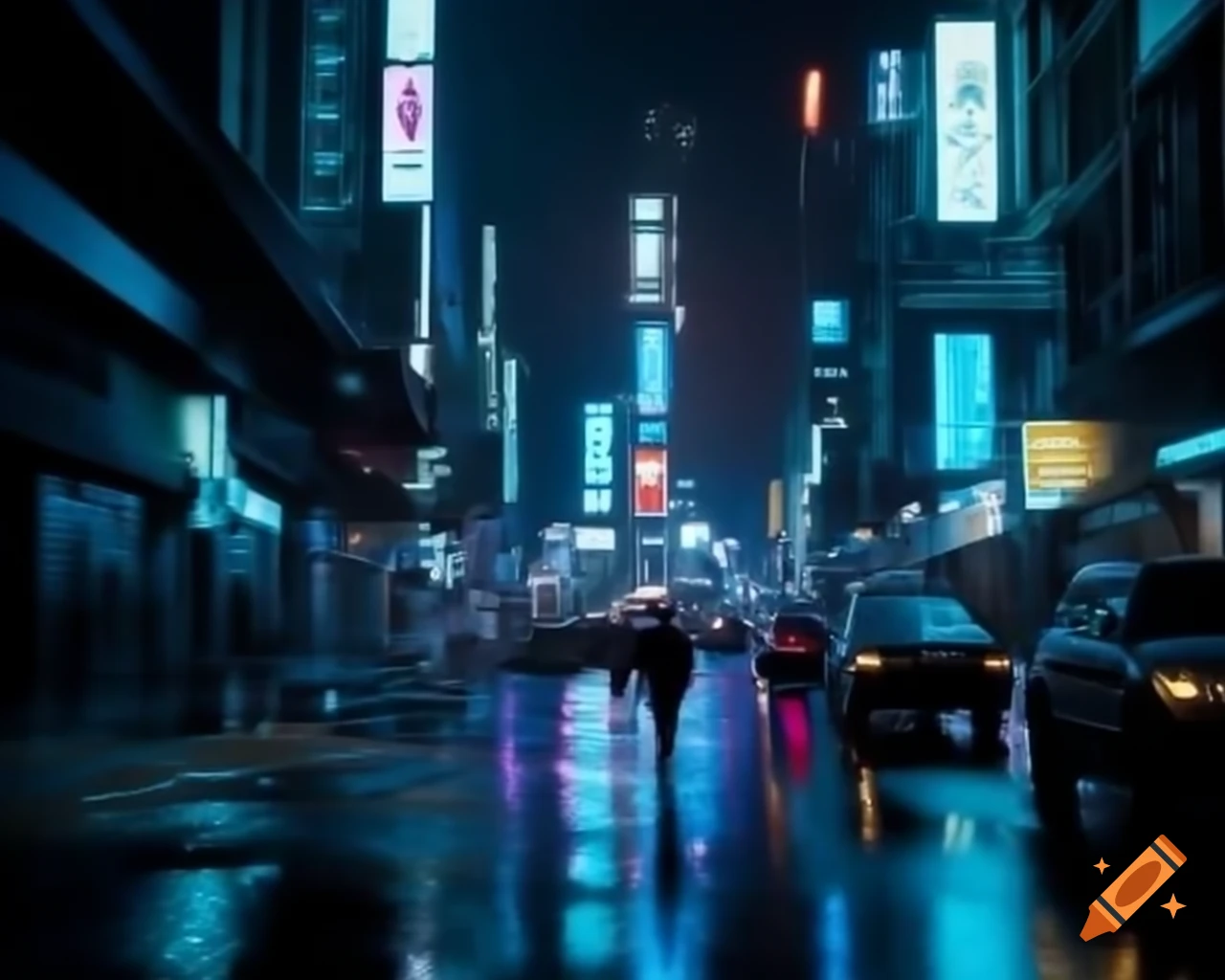 Neon splashes in gritty cityscape with electric blues and film-grain textures